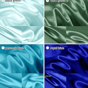 May include: Four swatches of satin fabric in different colors: aqua green, dark green, peacock blue, and royal blue.