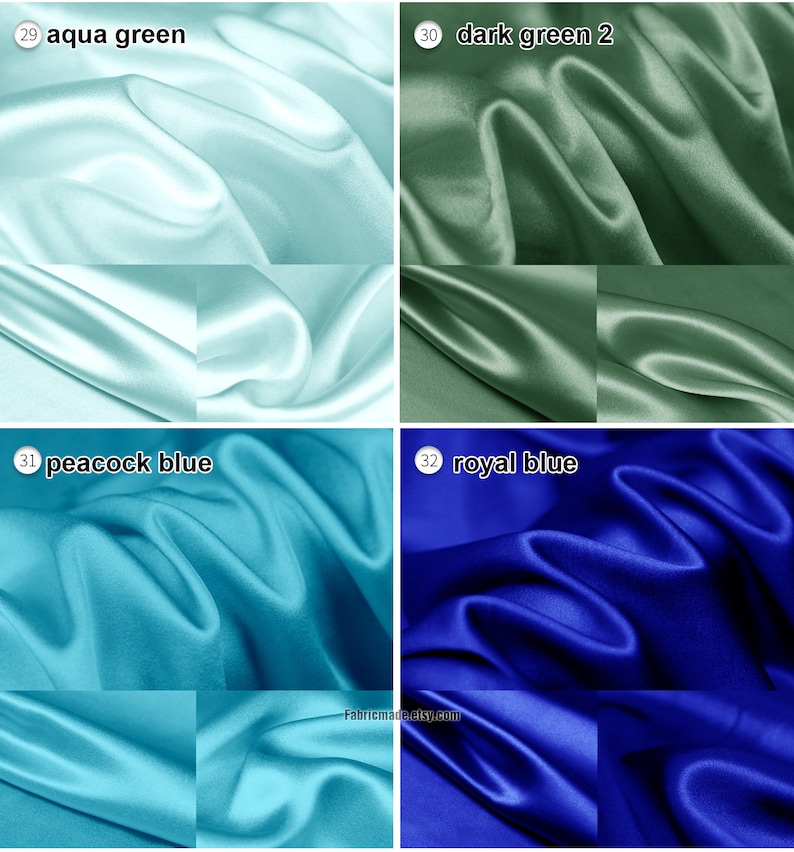 May include: Four swatches of satin fabric in different colors: aqua green, dark green, peacock blue, and royal blue.