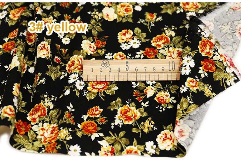 Rose Floral Corduroy Cotton Fabric, Pink Yellow Flower On Brown Black Cotton 1/2 yard 3 yellow