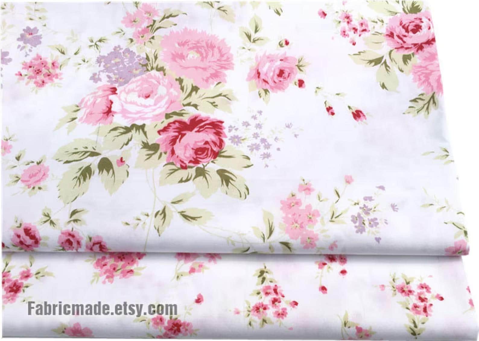 Shabby Chic Pink Rose Floral Cotton Fabric on White Cotton Pink Flower ...