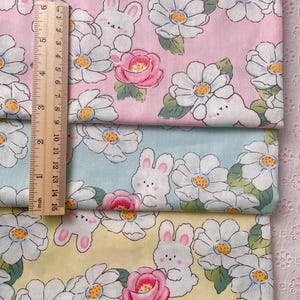 Cute Bunny Pink White Floral Cotton Fabric In Pastel Pink Aqua Yellow- 1/2 yard