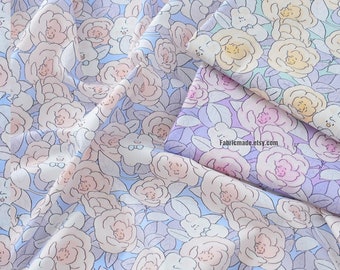 Cute Rabbit Floral Cotton Fabric, Digital Print Fabric- 1/2 Yard