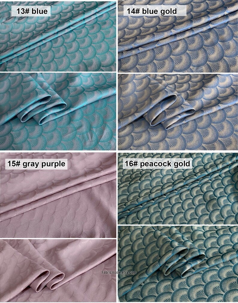 May include: Four fabric swatches with a repeating pattern of overlapping semi-circles. The swatches are labeled 13# blue, 14# blue gold, 15# gray purple, and 16# peacock gold.