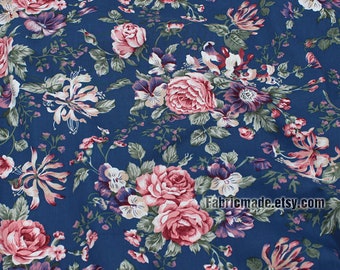 Coupon De Tissu Fleuri Roses Et Bleu - 31 X 76 Cm - Coton - Neuf Pour Couture Créative
