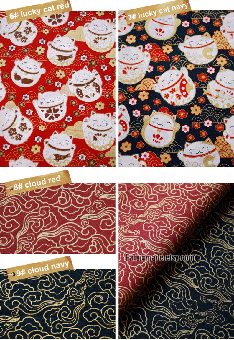 Japanese Cotton Fabric Bronzing Shiba Inu Dog Lucky Cat Wave Etsy