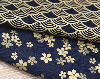 Sale - Cotton Fabric, Dark Blue Red Cotton With Bronzing Gold Wave Sakura Flower Clumps Vintage Style Fabric- 1/2 Yard