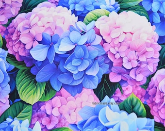 Vivid Hydrangea Floral Cotton fabric Blue Purple Hydrangea Flower - A half yard