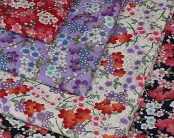 Small Shabby Floral Fabric, Gilding Red Green Flower Red Lilac White Navy Cotton - 1/2 yard