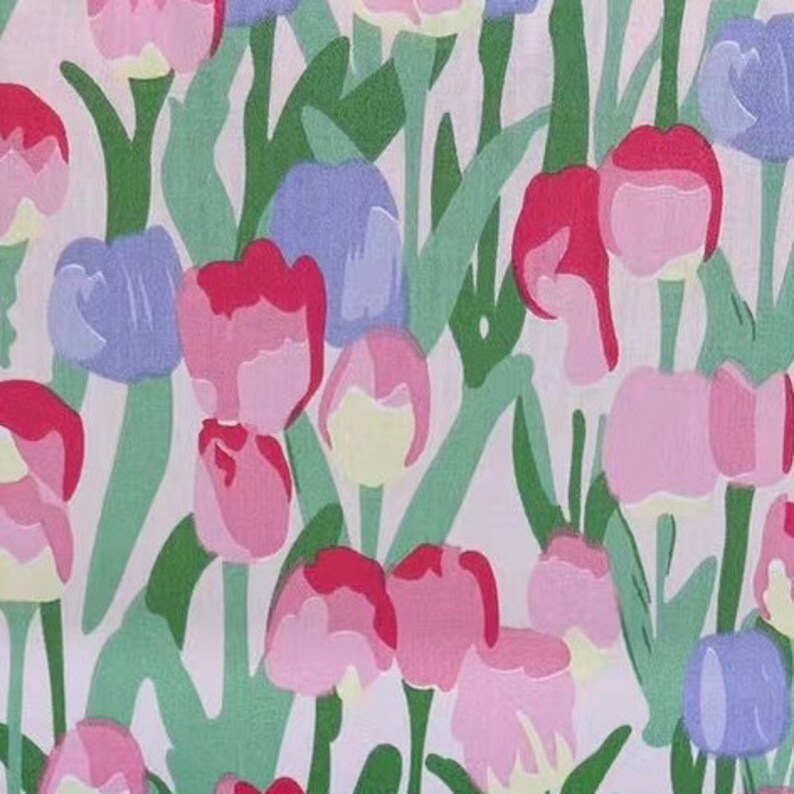May include: A white background with a repeating pattern of pink, red, and purple tulips with green stems and leaves.