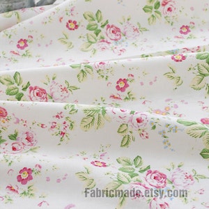 Pink China Rose  Fabric, Shabby Chic Fabric, White Cotton Linen Fabric with Pink Flower, Rose Fabric Linen- 1/2 yard 18"X45"