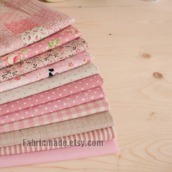 Pink Bundle Pink Linen Cotton Fabric Bundle- Pink Fabric Fat Quarter Bundle, 10 Pieces