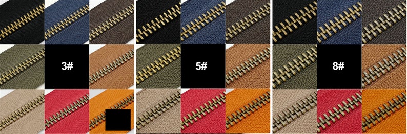May include: A close-up of a variety of zipper tapes in different colors and sizes. The zipper tapes are arranged in a grid pattern, with each row representing a different size: 3#, 5#, and 8#. The zipper teeth are gold-colored.