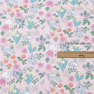 Cartoon Rabbit Flower Cotton Fabric In Navy Blue Pink 1/2 yard 1 pink