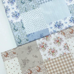 Flower Cotton Fabric Blue Brown Floral Patchwork Style Plaid Cotton-  1/2 yard