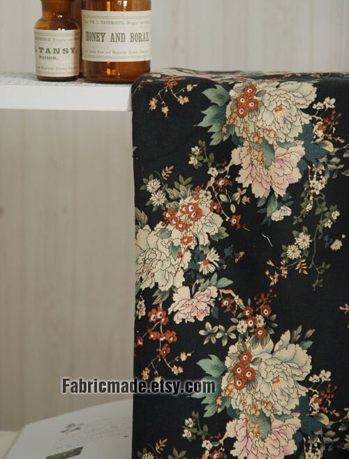 Quilting Fabric Large Beige Flower On Black Cotton Linen Etsy