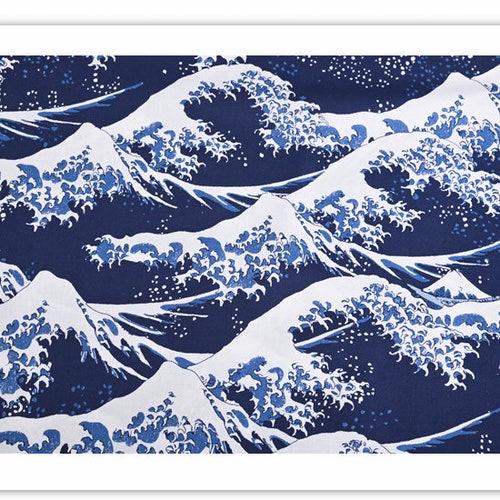 Cotton Fabric White Blue Sea Wave Hokusai‘s Wave - 1/2 yard
