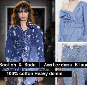 May include: Three different denim jackets, all with distressed details. The jackets are from the brands Scotch & Soda, Amsterdams Blauw, and Ottolinger. The text "100% cotton Heavy denim" is displayed at the bottom of the image.