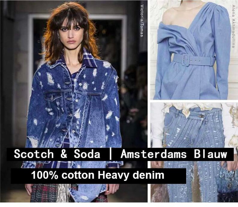 May include: Three different denim jackets, all with distressed details. The jackets are from the brands Scotch & Soda, Amsterdams Blauw, and Ottolinger. The text "100% cotton Heavy denim" is displayed at the bottom of the image.