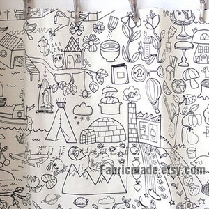 Children Linen Cotton Blend Fabric, Off White Linen With Cute Pencil Sketch Drawing 1/2 yard image 1