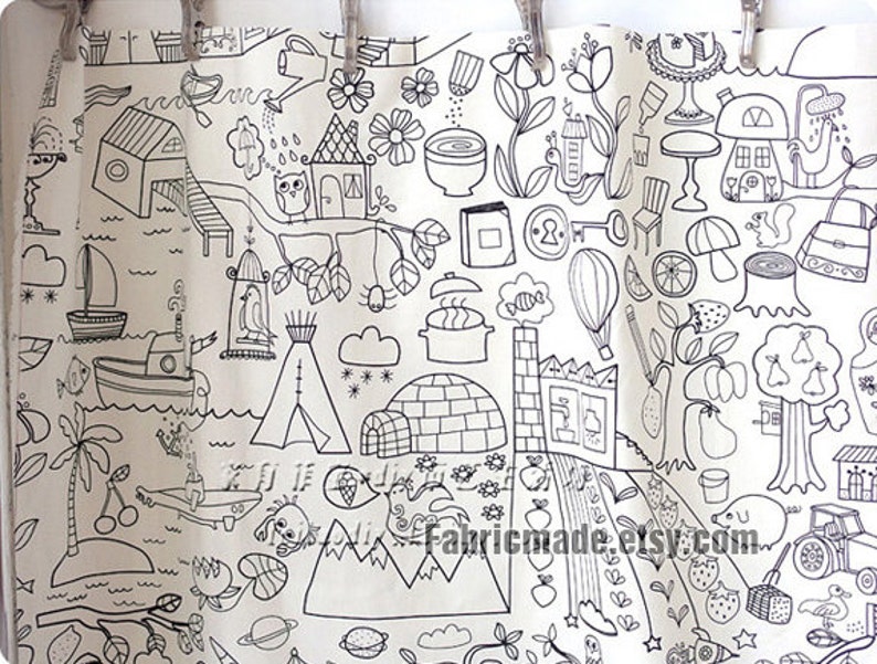 Children Linen Cotton Blend Fabric, Off White Linen With Cute Pencil Sketch Drawing 1/2 yard image 1