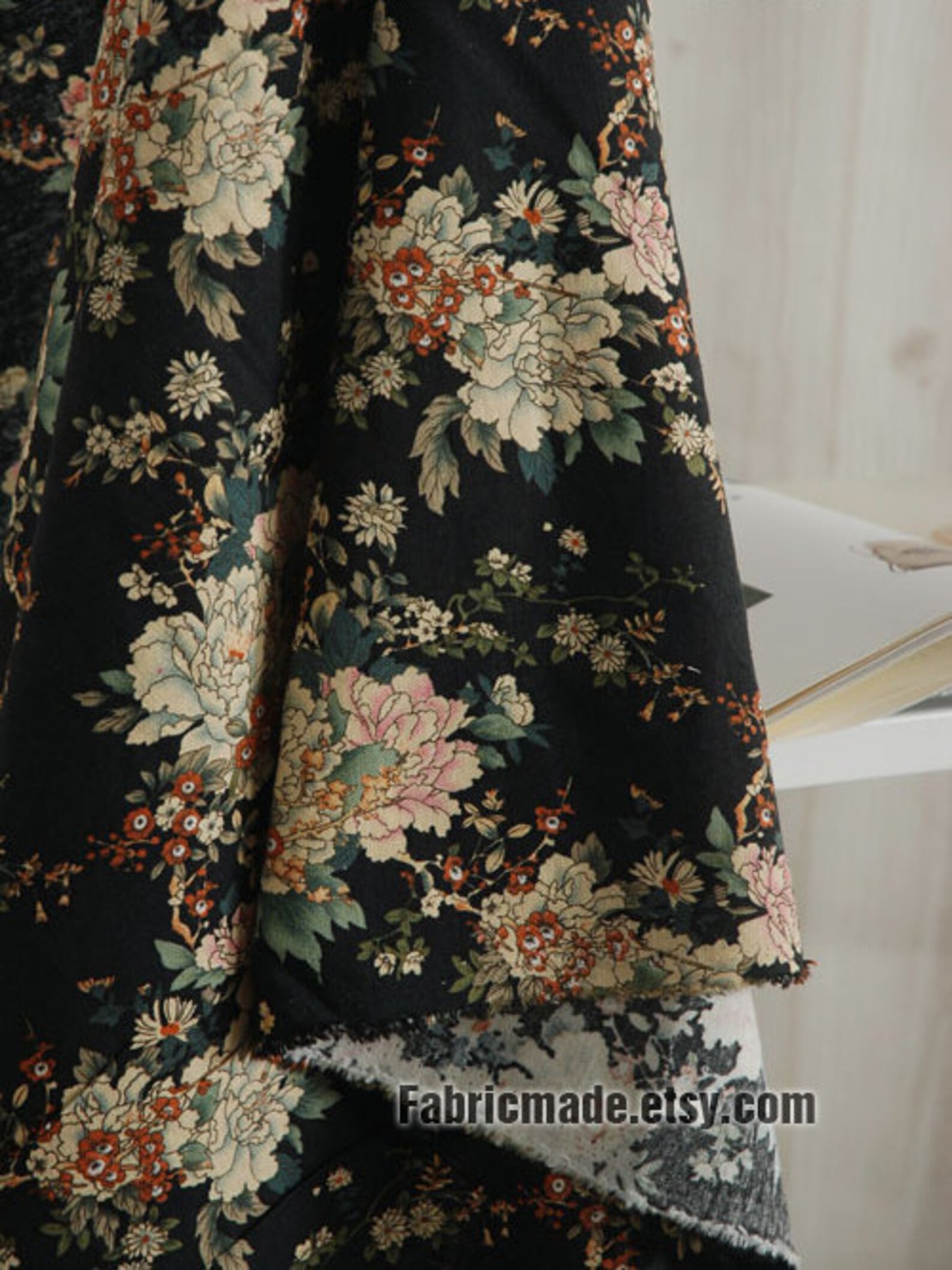 Quilting Fabric Large Beige Flower on Black Cotton Linen Etsy