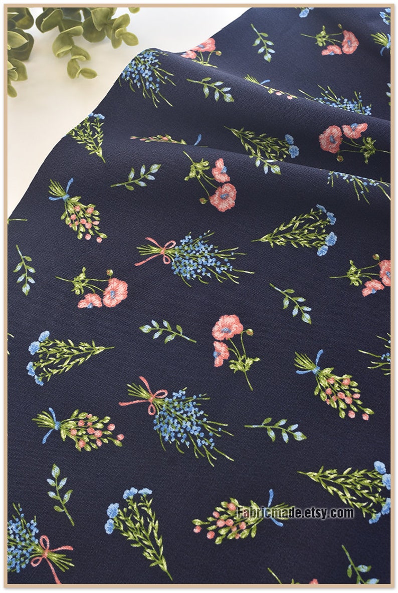 Shabby Floral Fine Canvas Cotton Ivory Black Navy Blue forget me not Flower 1/2 Yard image 3