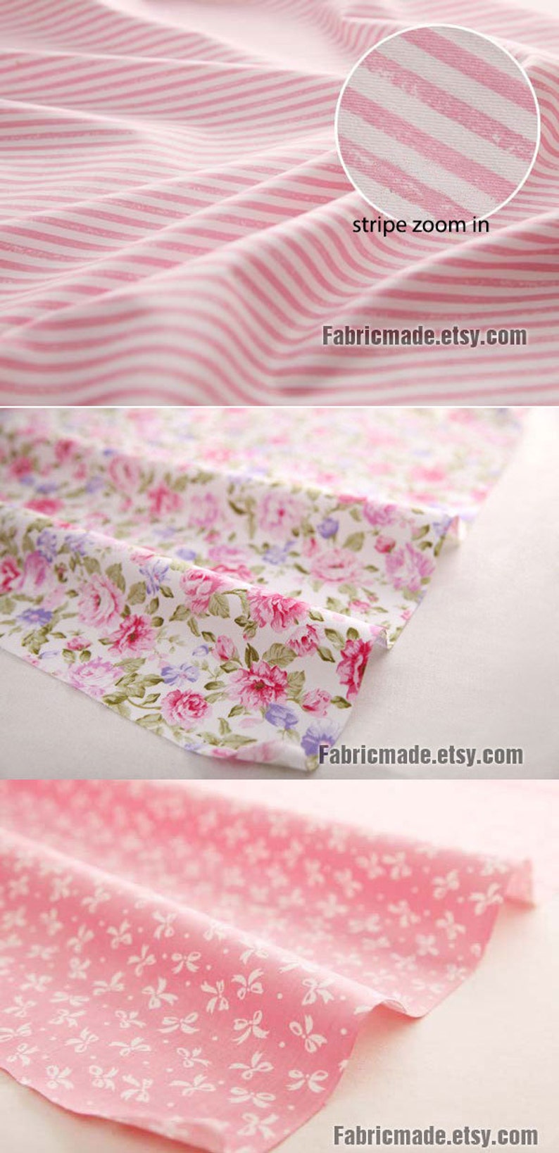 Light Pink Cotton Fabric, Flower Stripe Plain Pink Cotton, Quilting Fabric 1/2 yard image 3