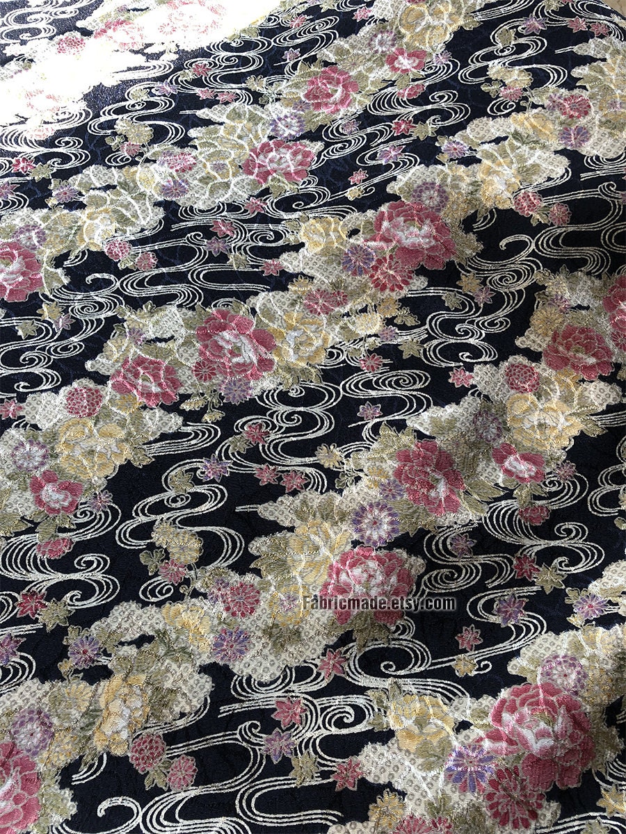 Japanese Fabric Black Crepe With Vintage Pink Peony Flower - Etsy