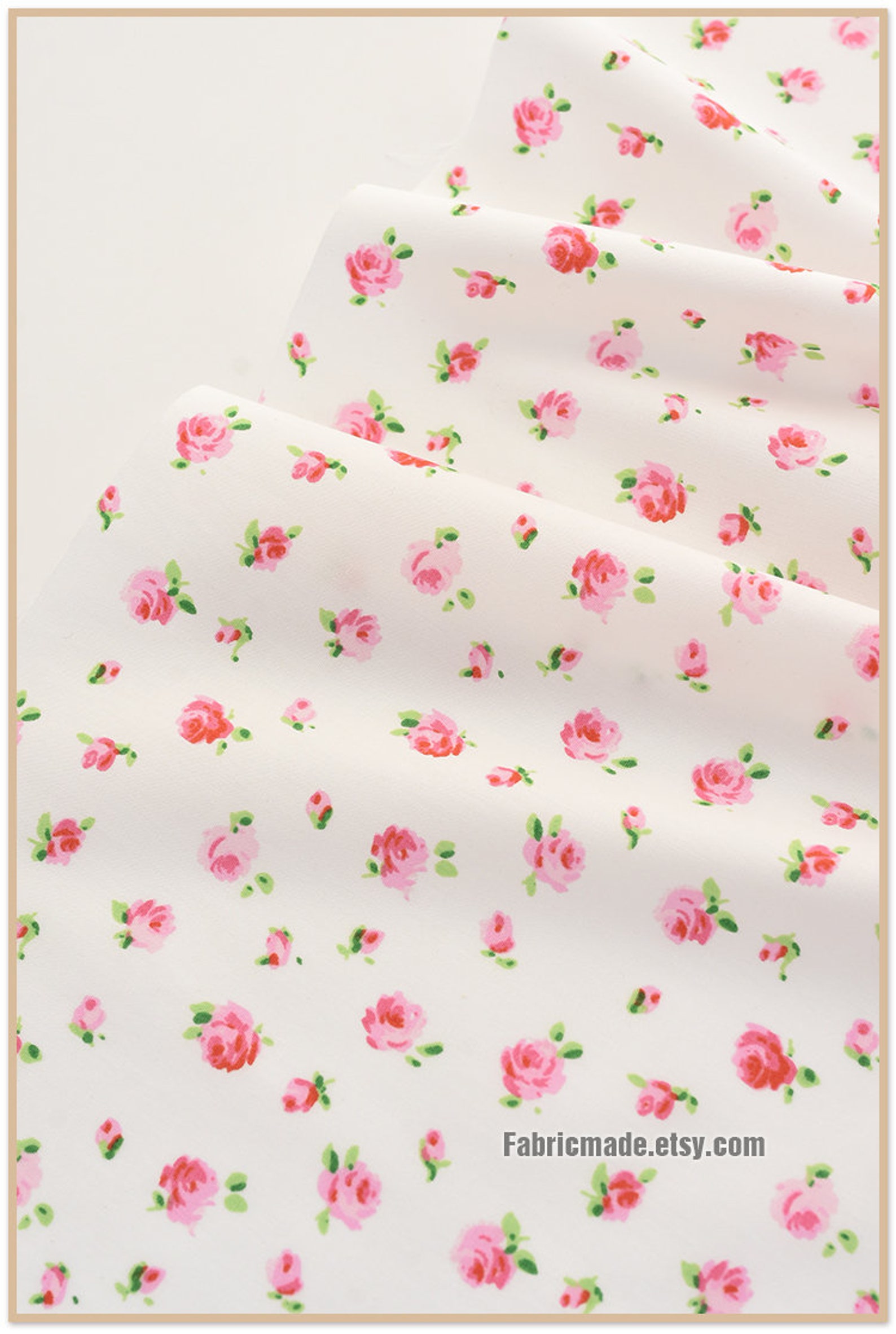 LIttle Pink Rose Flower Fabric White Cotton Fabric With Etsy