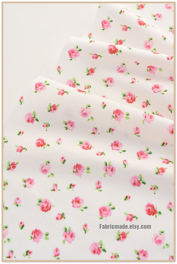 LIttle Pink Rose Flower Fabric White Cotton Fabric With Etsy