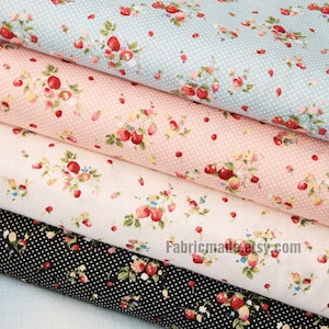 Strawberry Fabric Cotton Fabric Shabby chic Fabric Red Strawberry In Blue Pink White Black Cotton - 1/2 yard 18"X59"