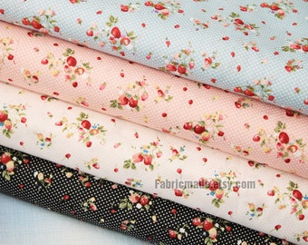 Strawberry Fabric Cotton Fabric Shabby chic Fabric Red Strawberry In Blue Pink White Black Cotton - 1/2 yard 18"X59"