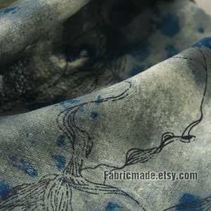 Vintage Style Cotton Linen Fabric, Wash Painting Pattern in Blue Black Grey, Summer Clothes Pants Fabric - A Half Yard