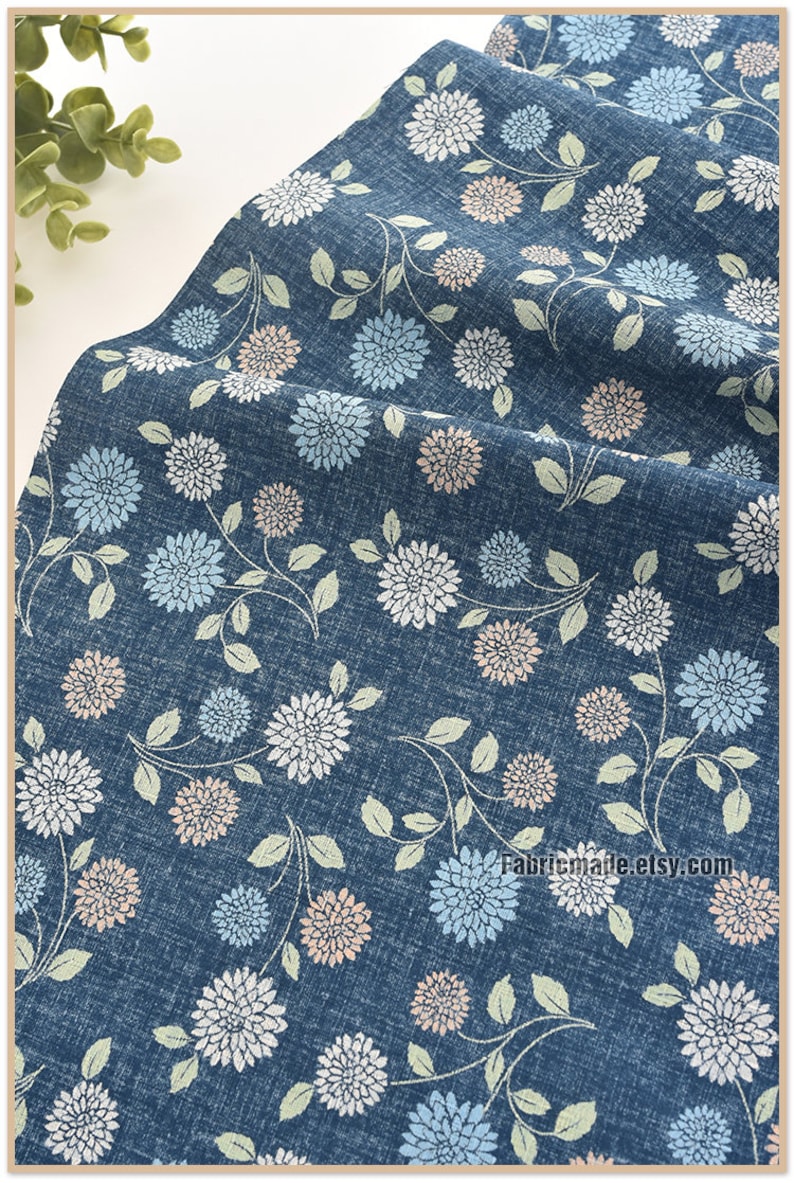 Bamboo Joint Cotton Fabric Chrysanthemum Floral On Navy Blue Black Cream 12 yard