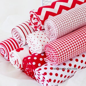 Red White Cotton Fabric Red Hearts Stripes Polka Dots Plaid Chevron Collection- 1/2 Yard