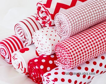 Red White Cotton Fabric Red Hearts Stripes Polka Dots Plaid Chevron Collection- 1/2 Yard