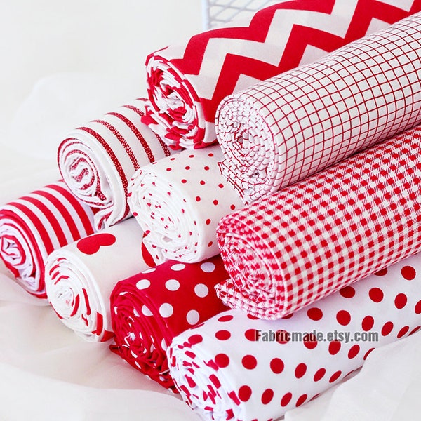 Tissu en coton blanc rouge Coeurs rouges Rayures Polka Dots Plaid Chevron Collection - 1/2 Yard