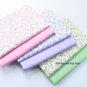 Rose Floral Cotton Fabric, Pink Lilac Purple Green Flower Polka Dots 100% Cotton - 1/2 yard