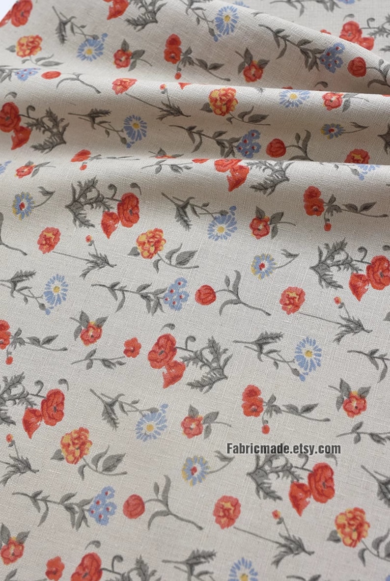 100% Linen Little Red Floral on Beige Gray Grey Linen Vintage Style- 1/ ...