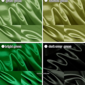May include: Four swatches of satin fabric in different shades of green. The swatches are labeled "grass green", "autumn green", "bright green", and "dark army green".