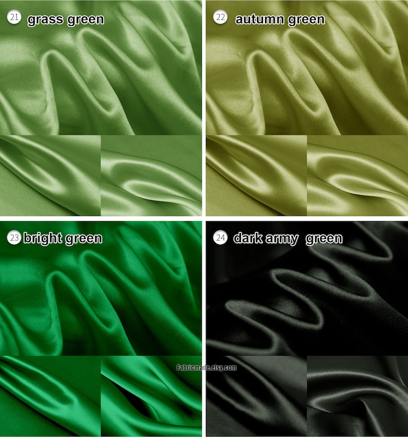 May include: Four swatches of satin fabric in different shades of green. The swatches are labeled "grass green", "autumn green", "bright green", and "dark army green".