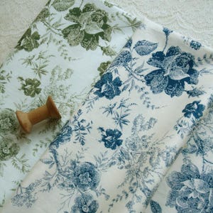 Vintage Blue Green & White Porcelain Peony Flower Cotton Fabric - 1/2 yard