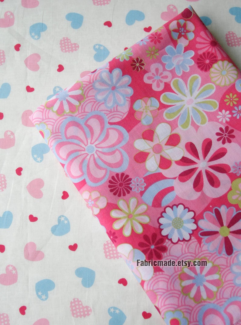 Pink Blue Flower Love Heart Cotton Fabric 1/2 yard image 3