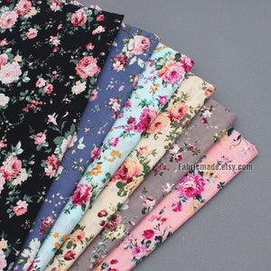 Shabby Flower Cotton Fabric, Vintage Rose Floral On Blue Pink Cream Black Gray Grey Cotton - 1/2 Yard