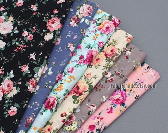 Shabby Flower Cotton Fabric, Vintage Rose Floral On Blue Pink Cream Black Gray Grey Cotton - 1/2 Yard