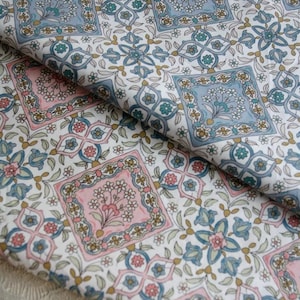 Vintage Styles Blue Pink Flower Cotton Fabric- 1/2 Yard