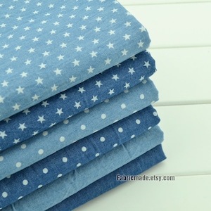 Pre Washed Denim Cotton Fabric/ Summer Light Weight Denim Fabric/ Blue Dots Stars Cotton Fabric/ Blue fabric- 1/2 yard 18"X55"