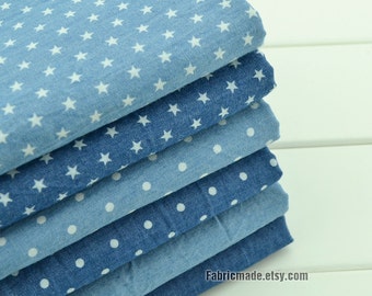 Pre Washed Denim Cotton Fabric/ Summer Light Weight Denim Fabric/ Blue Dots Stars Cotton Fabric/ Blue fabric- 1/2 yard 18"X55"