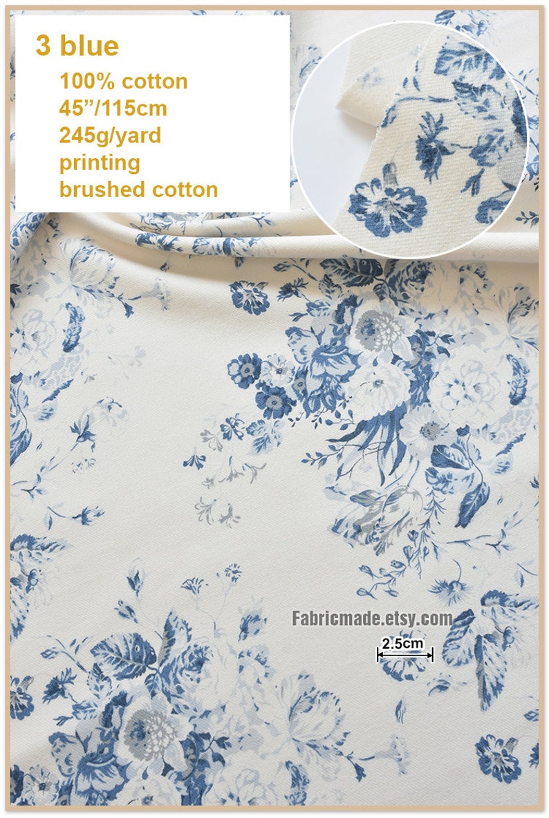 Puede incluir: Tela de algod&oacute;n blanco con estampado floral azul. La tela tiene 45 pulgadas de ancho y 115 cent&iacute;metros de largo. Pesa 245 gramos por yarda. La tela se describe como "3 azul, 100% algod&oacute;n, impresi&oacute;n, algod&oacute;n cepillado".