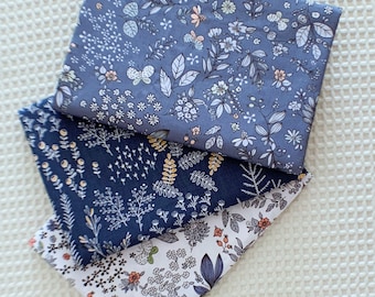 Gray Blue Cotton Fabric, Grey Blue Flower Plaid Coordinating Cotton Fabric - 1/2 yard